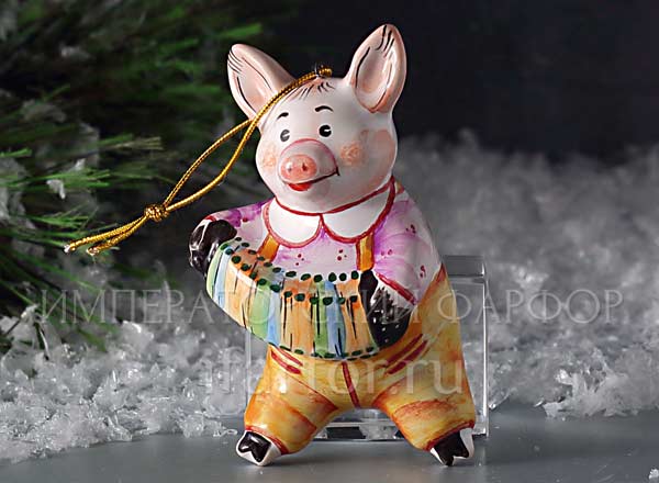 Елочная игрушка Хрюша с гармошкой