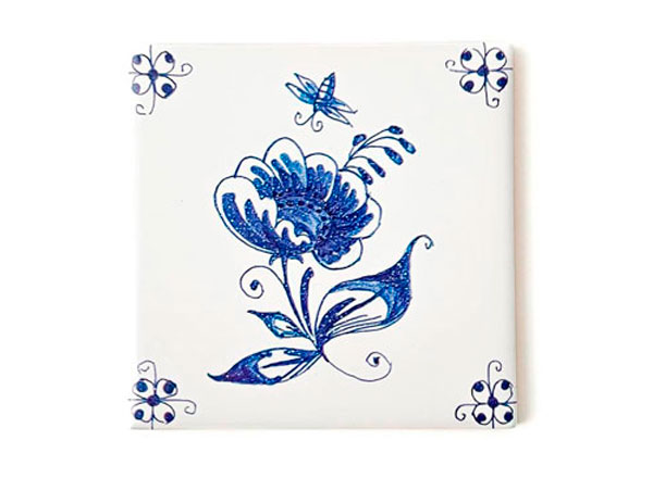 Изразец Голландский. Цветок с пчелкой 2