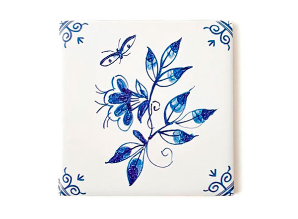 Изразец Голландский. Цветок с бабочкой 5