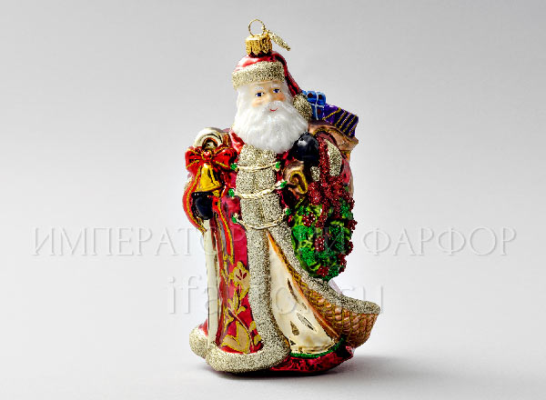 Елочная игрушка в подарочной коробке Дед Мороз с венком и посохом