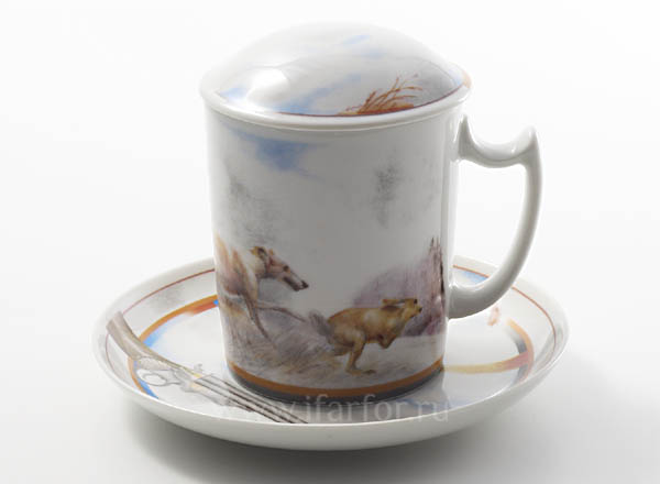 Бокал с блюдцем и крышкой Осенняя охота Снежное утро