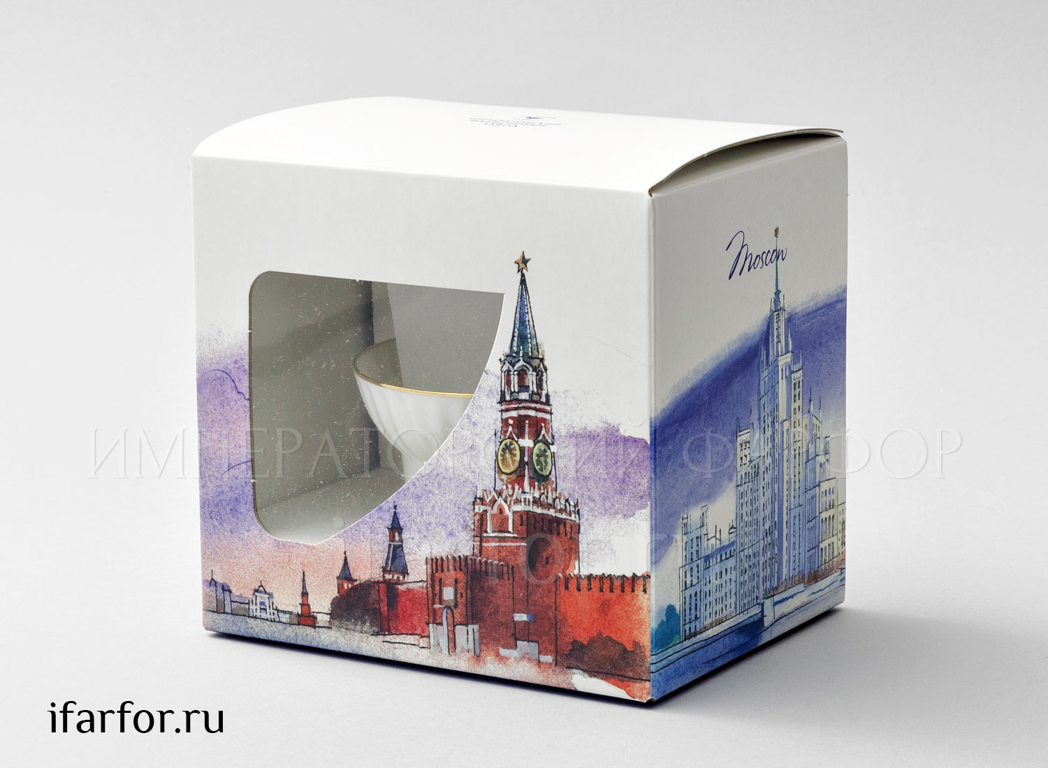 Чашка с блюдцем в подарочной коробке Москва «Золотая лента» 1/2 Форма: Волна. Тонкостенный костяной фарфор. 155 мл.