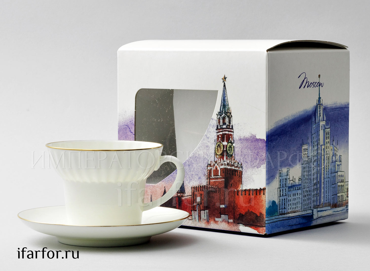 Чашка с блюдцем в подарочной коробке Москва «Золотая лента» 1/2 Форма: Волна. Тонкостенный костяной фарфор. 155 мл.