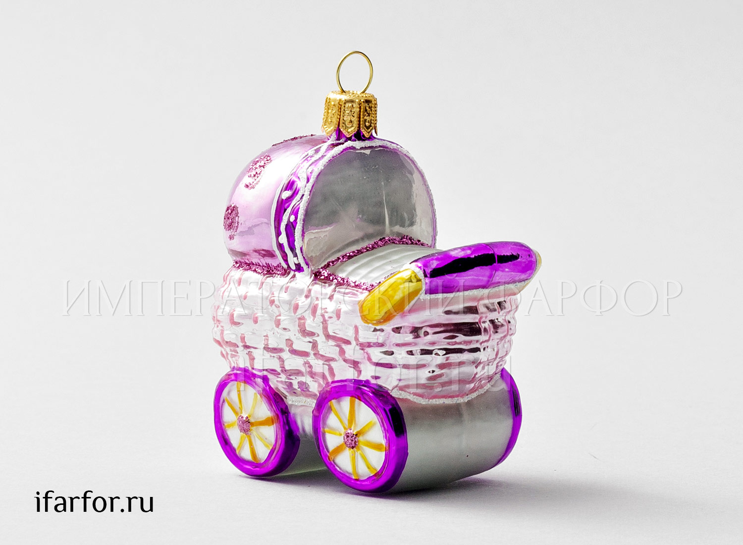 Елочная игрушка «Детская коляска розовая высокая»