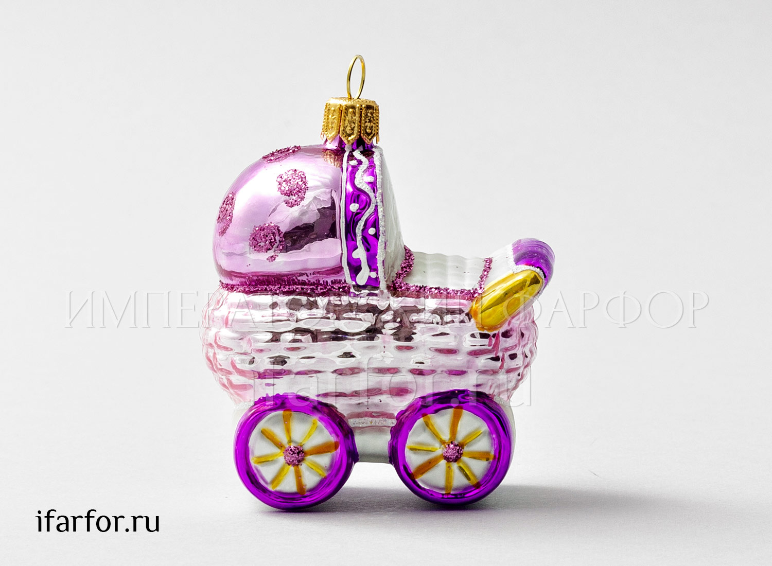 Елочная игрушка «Детская коляска розовая высокая»