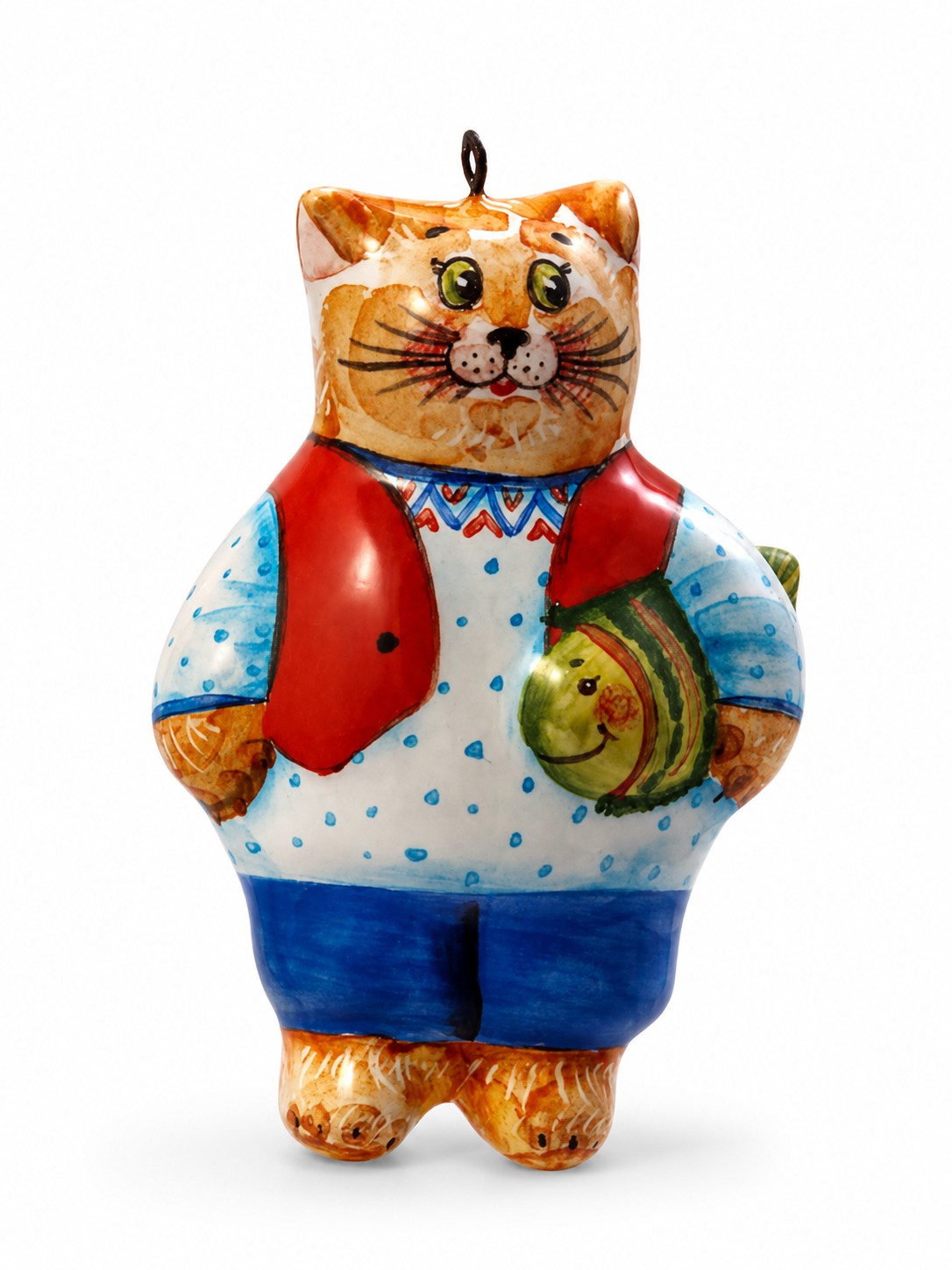 Елочная игрушка «Кот с рыбкой» Майолика. 40 x 63 мм.