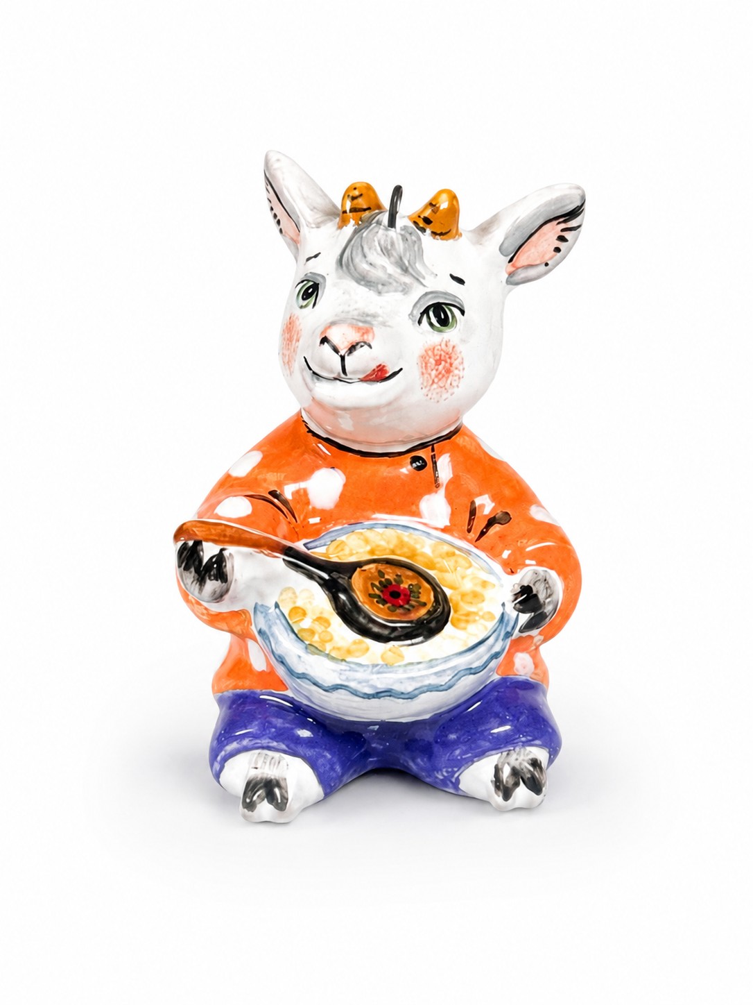 Елочная игрушка «Козленок с кашей» Майолика. 33 x 50 мм.