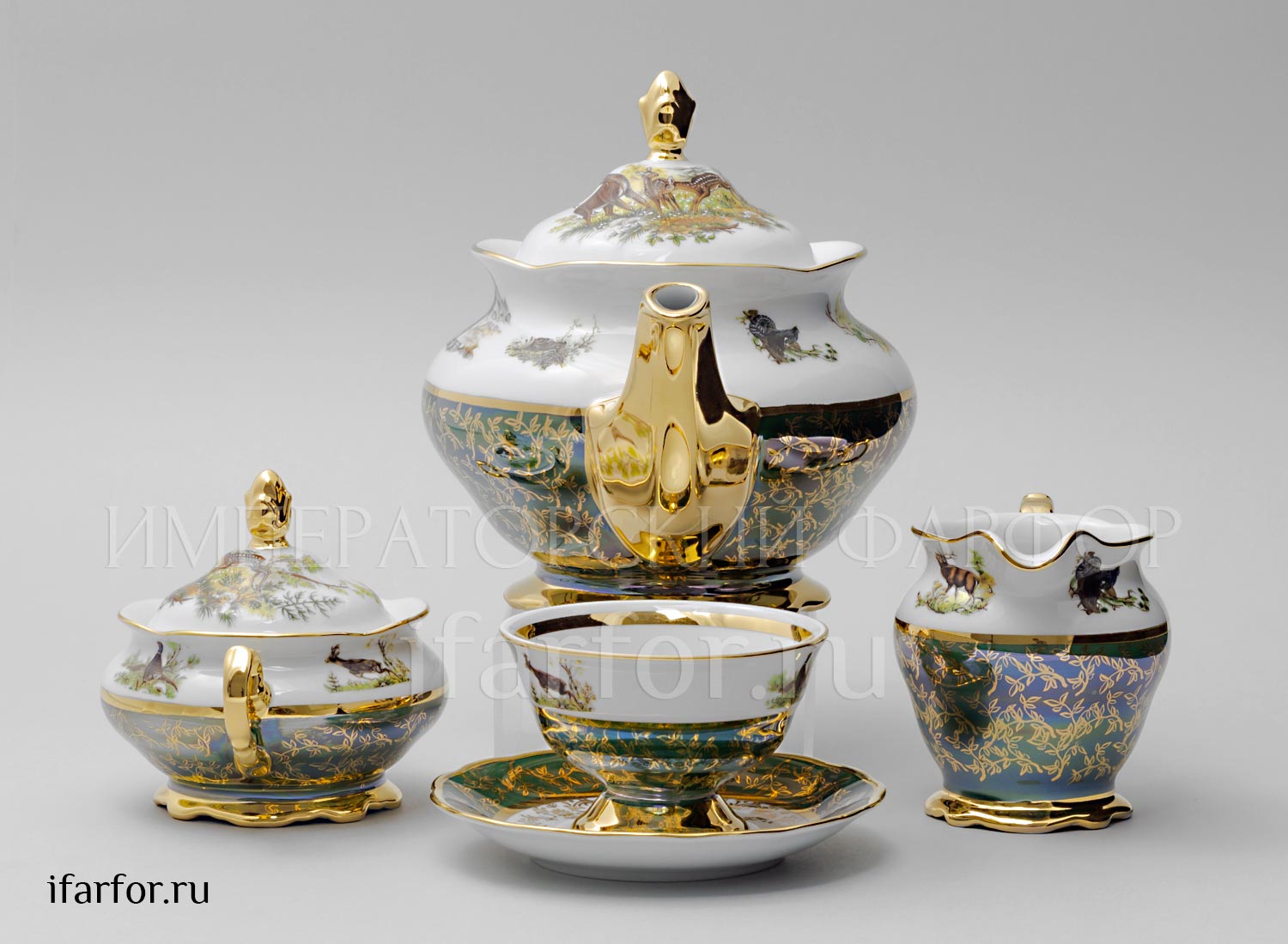Сервиз чайный второй сорт «Охота Зеленая» 6/17 Форма: STERNE PORCELAN. Фарфор. 155 x 300 x 220 мм.