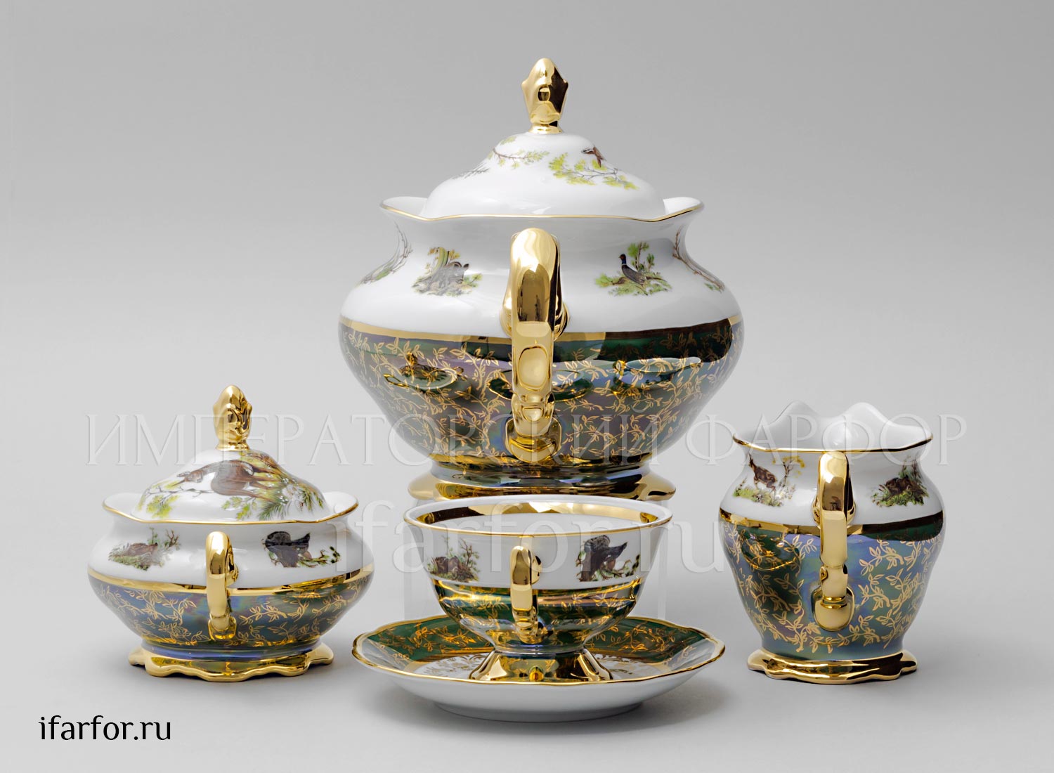 Сервиз чайный второй сорт «Охота Зеленая» 6/17 Форма: STERNE PORCELAN. Фарфор. 155 x 300 x 220 мм.