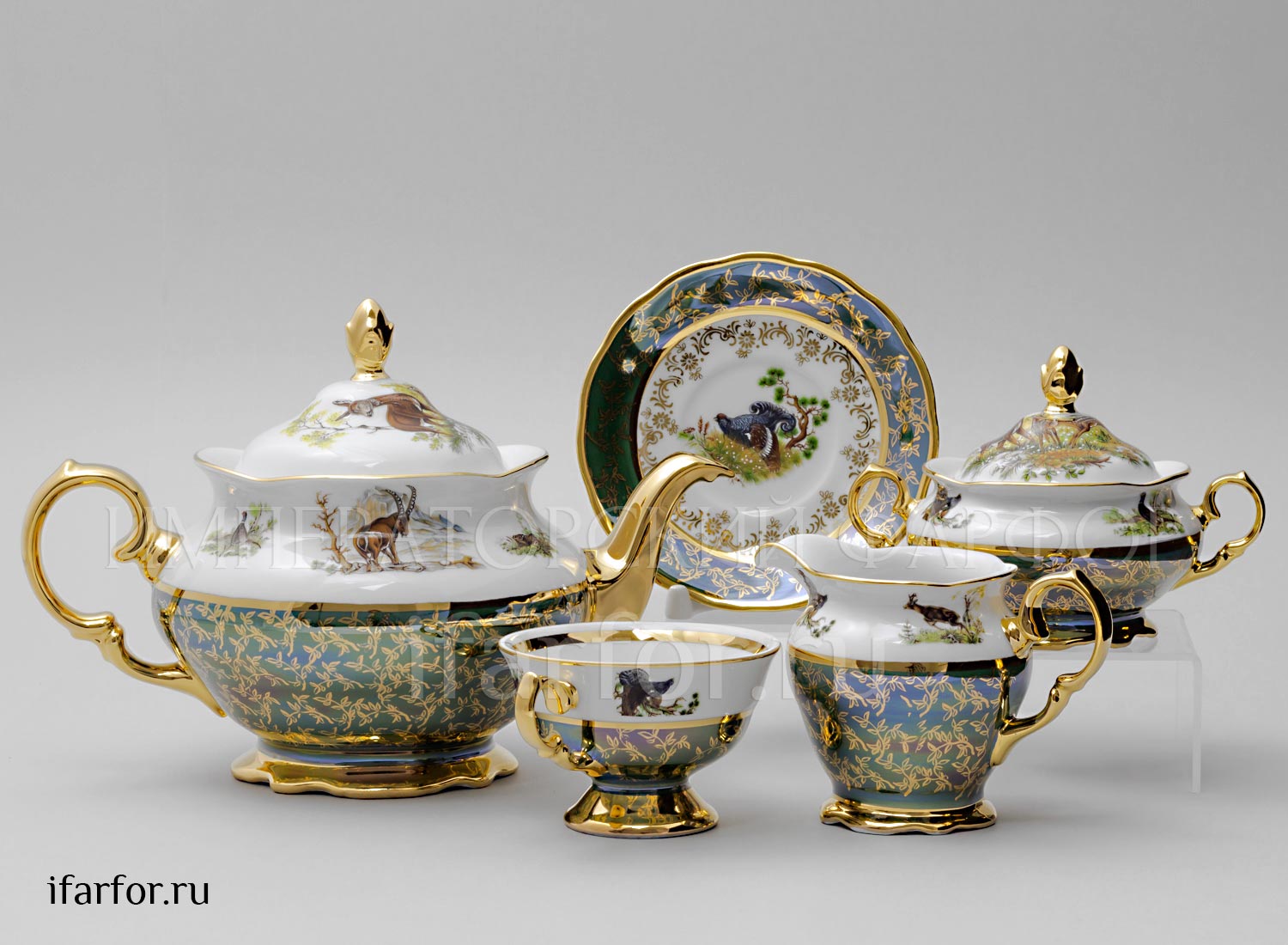 Сервиз чайный второй сорт «Охота Зеленая» 6/17 Форма: STERNE PORCELAN. Фарфор. 155 x 300 x 220 мм.