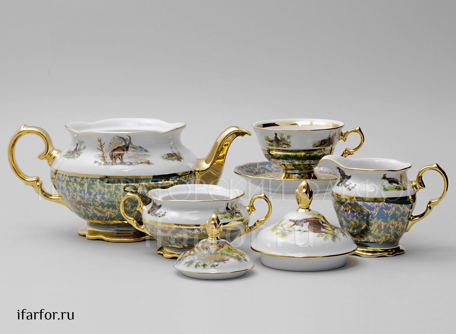Сервиз чайный второй сорт «Охота Зеленая» 6/17 Форма: STERNE PORCELAN. Фарфор. 155 x 300 x 220 мм.