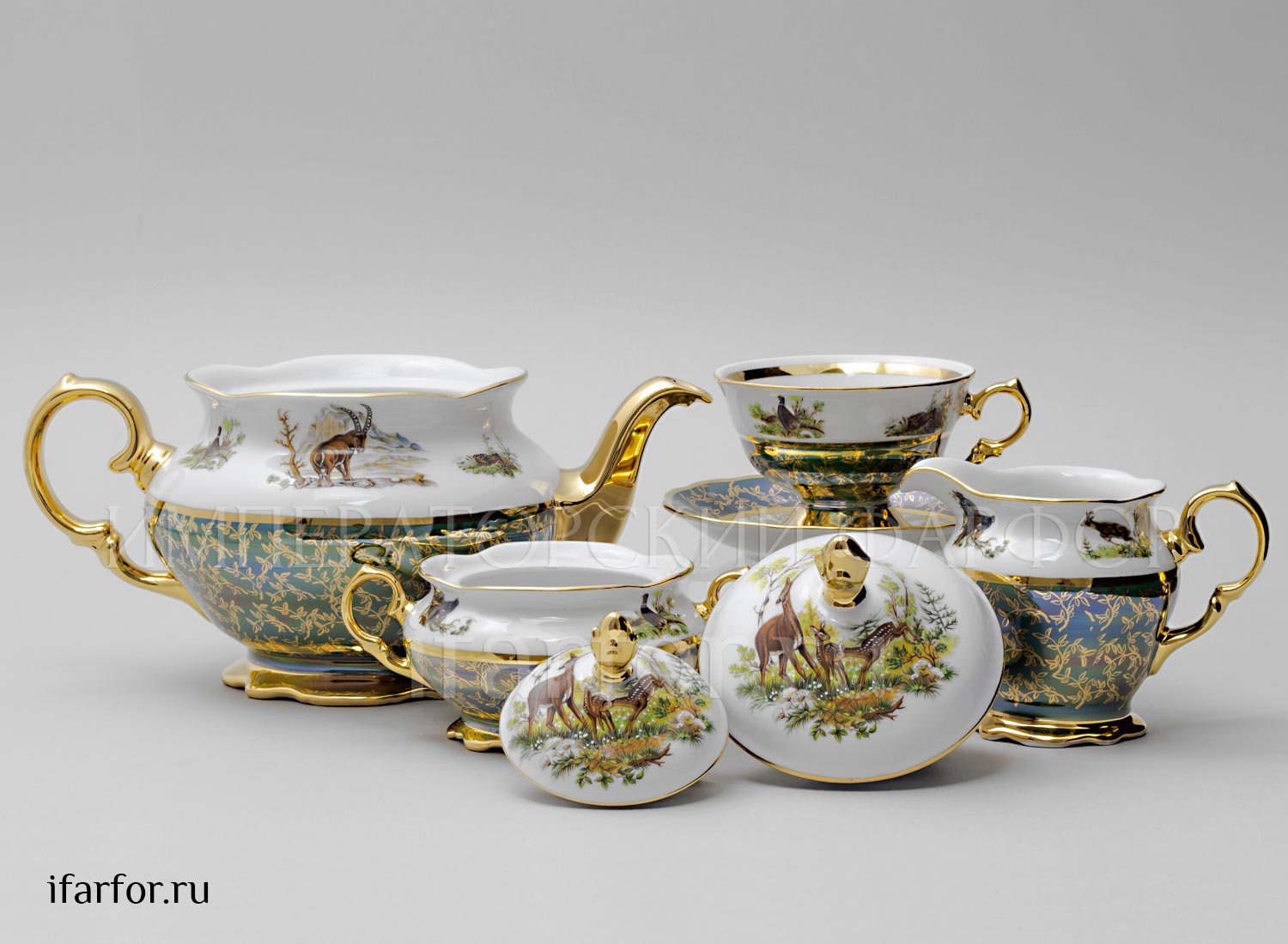 Сервиз чайный второй сорт «Охота Зеленая» 6/17 Форма: STERNE PORCELAN. Фарфор. 155 x 300 x 220 мм.