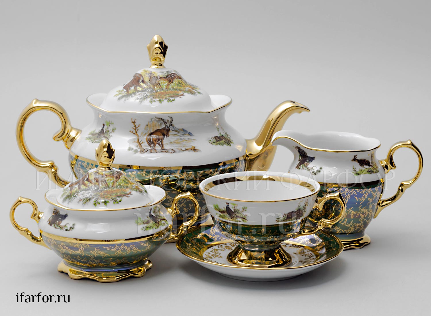 Сервиз чайный второй сорт «Охота Зеленая» 6/17 Форма: STERNE PORCELAN. Фарфор. 155 x 300 x 220 мм.