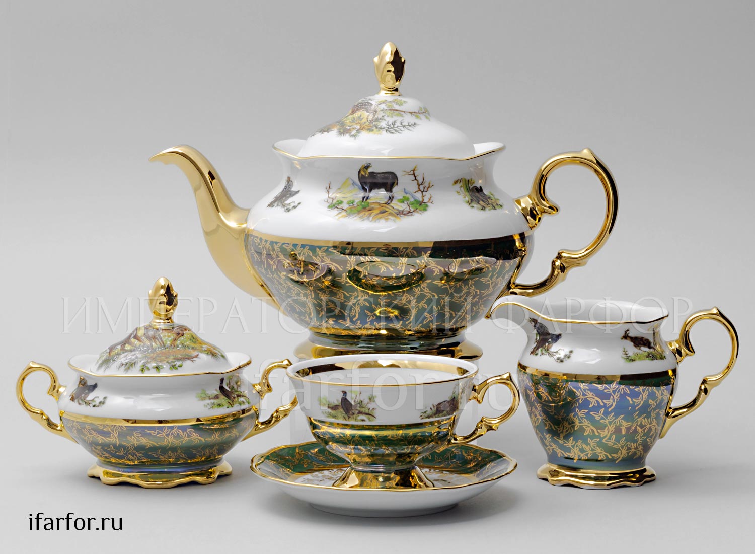 Сервиз чайный второй сорт «Охота Зеленая» 6/17 Форма: STERNE PORCELAN. Фарфор. 155 x 300 x 220 мм.