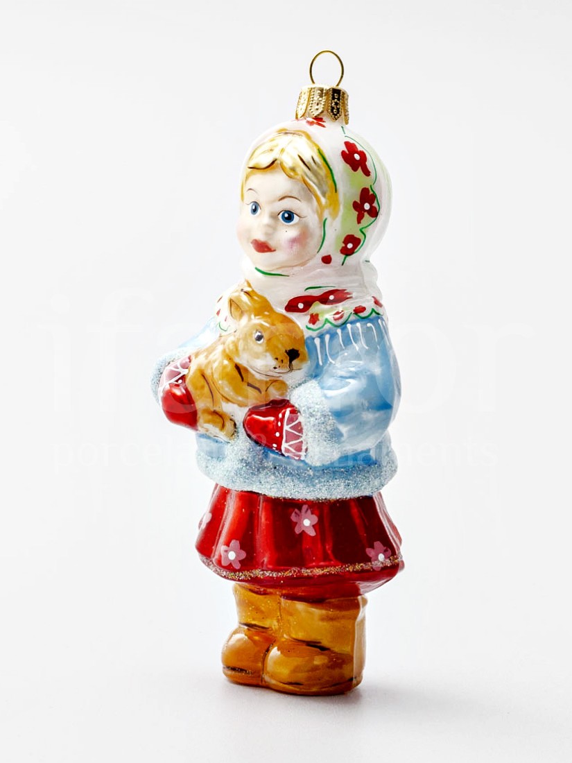 Елочная игрушка «Девочка с зайцем» Стекло. 50 x 135 мм.