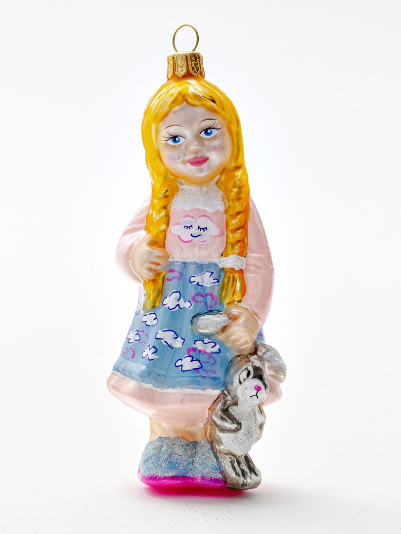 Елочная игрушка «Девочка с игрушечным зайчиком» Стекло. 55 x 130 мм.