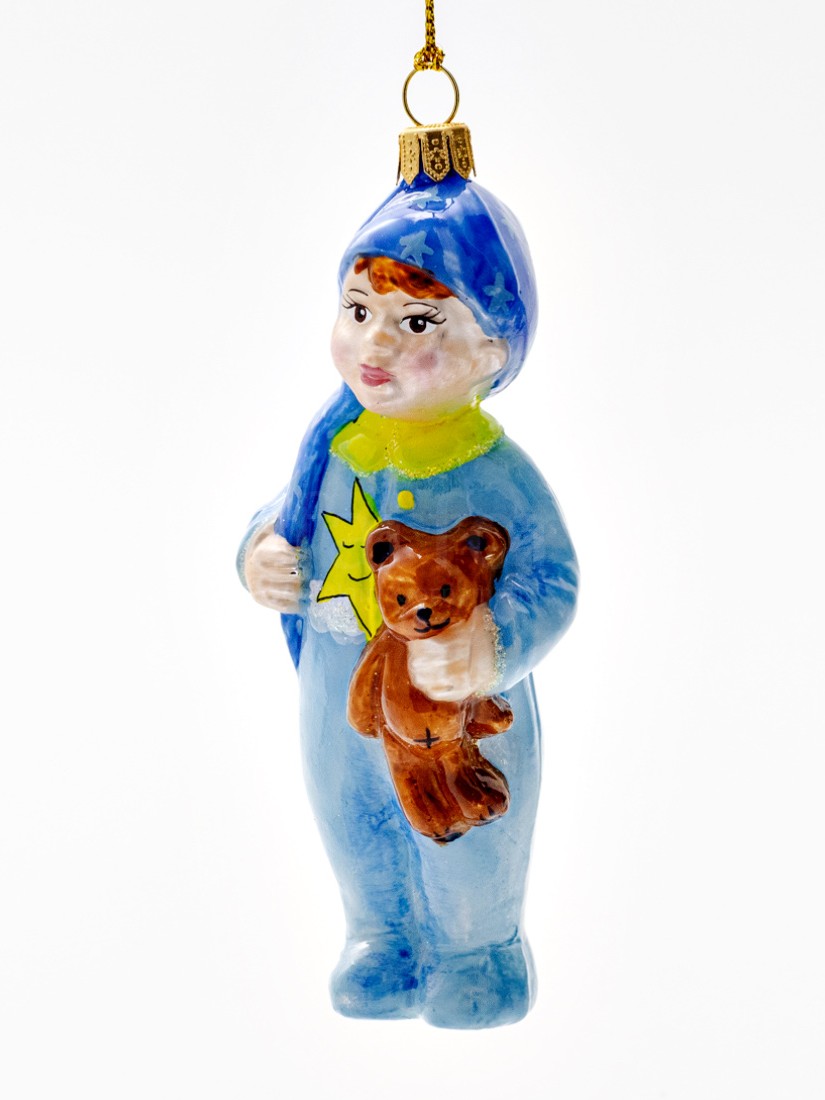 Елочная игрушка «Мальчик с плюшевым мишкой» Стекло. 55 x 130 мм.