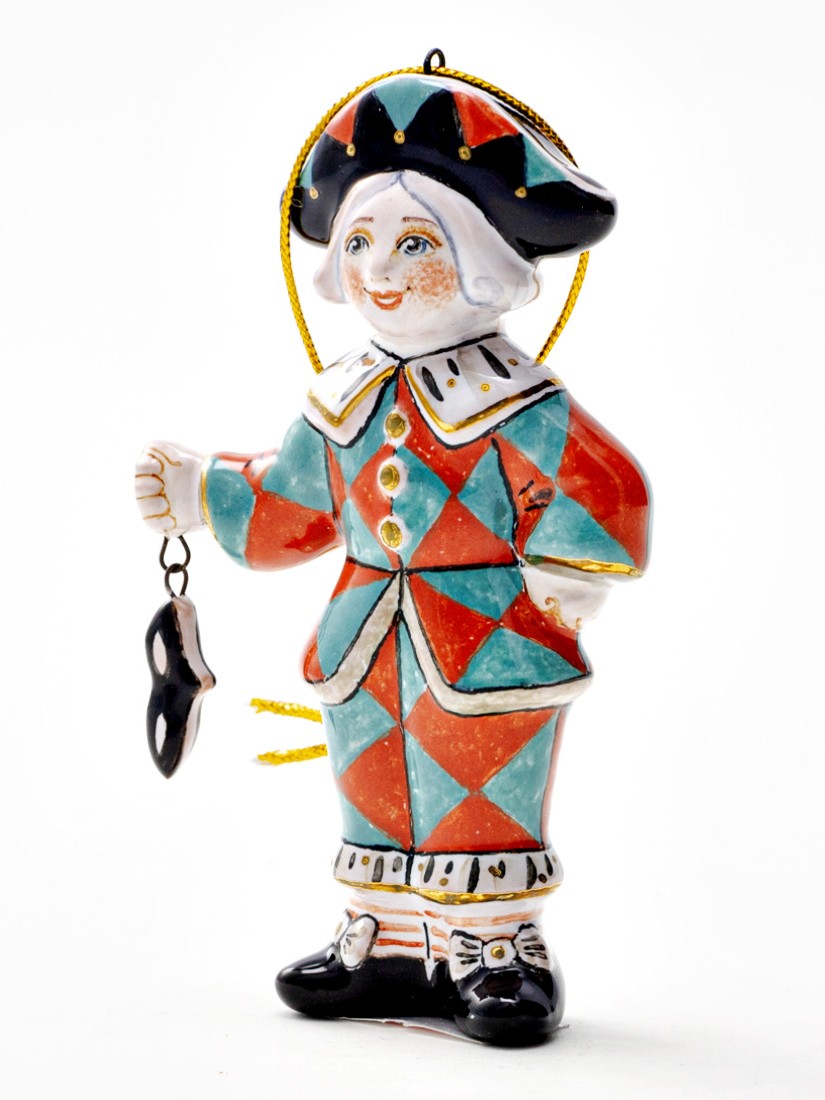 Елочная игрушка «Золотой ключик. Арлекин с маской 1» Майолика. 20 x 50 x 80 мм.
