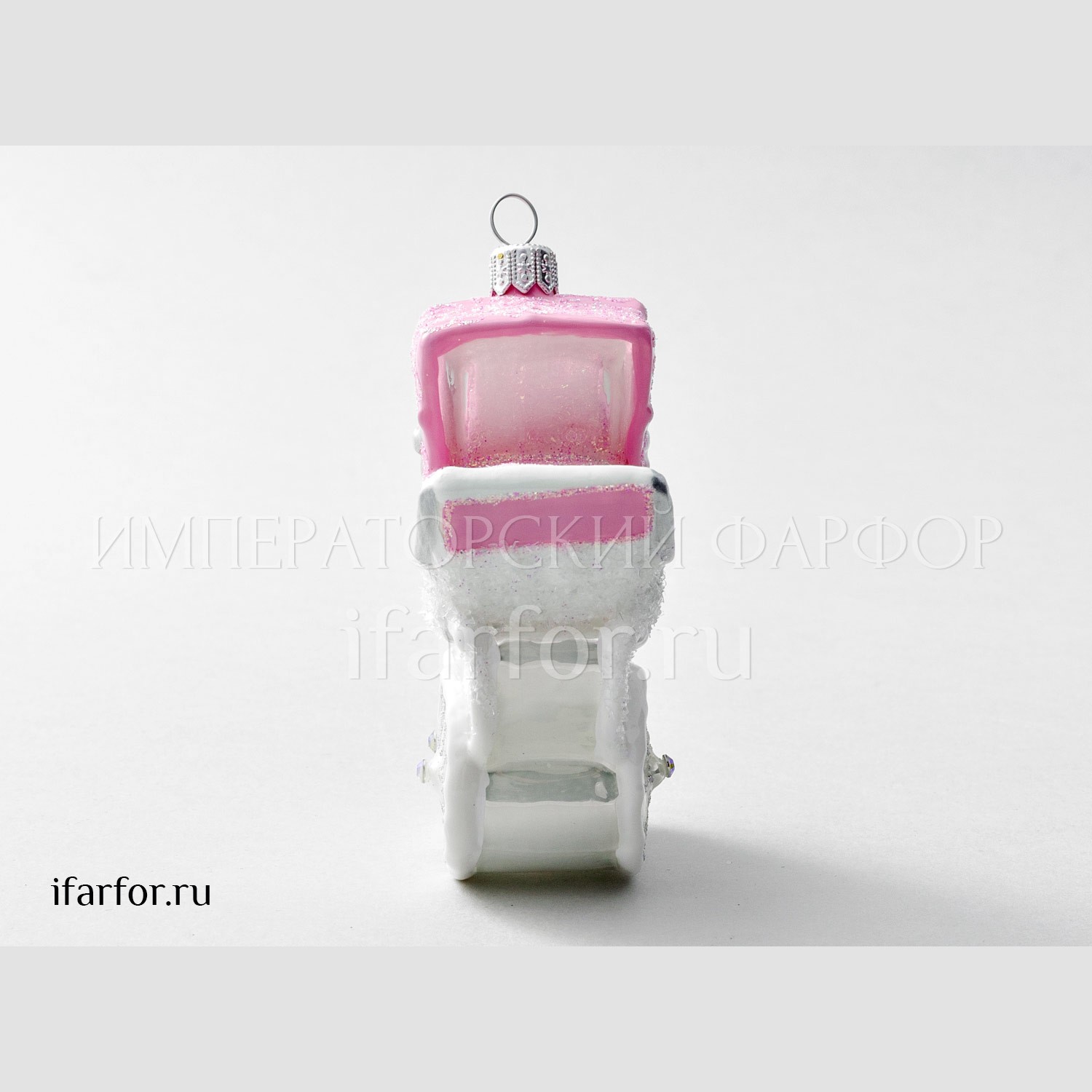 Елочная игрушка «Детская коляска розовая высокая» Стекло. 100 мм.