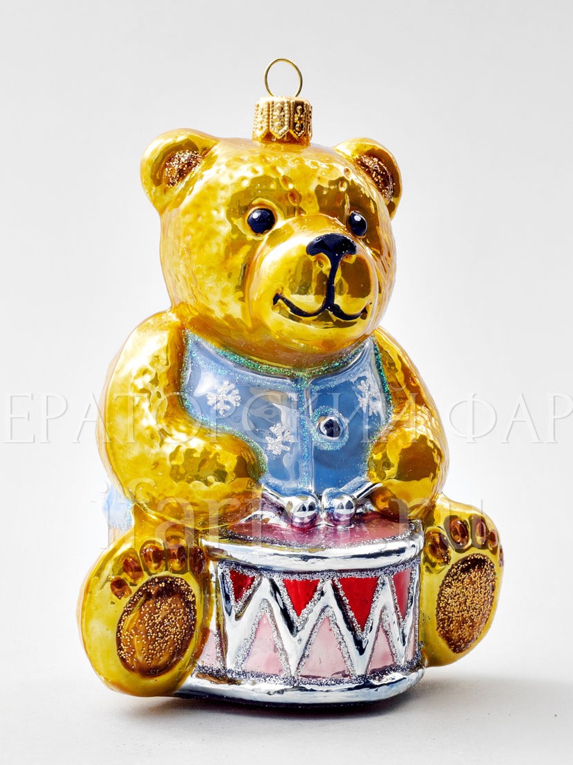 Елочная игрушка «Мишка Тедди. Мишка Тедди с барабаном» Стекло. 125 мм.
