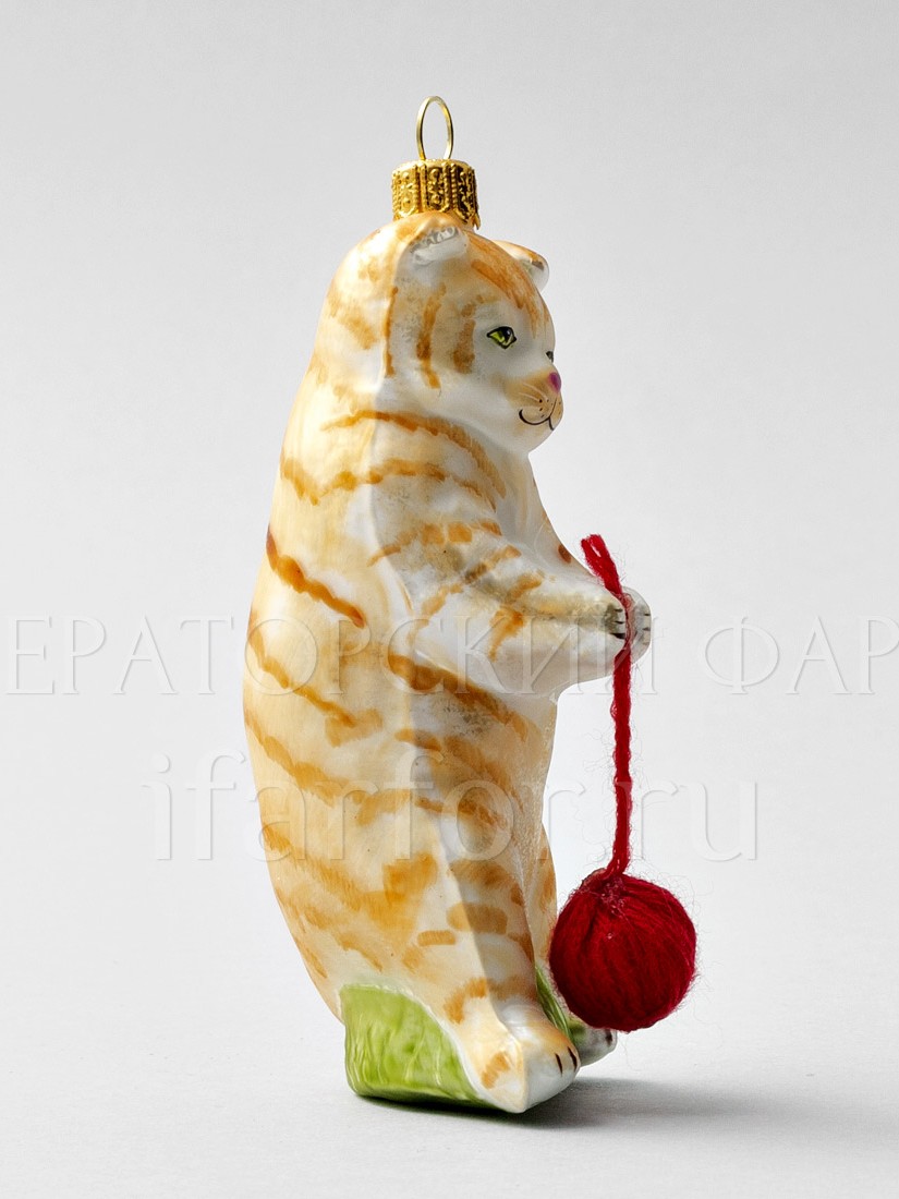 Елочная игрушка «Котик рыженький с клубком» Стекло. 120 мм.