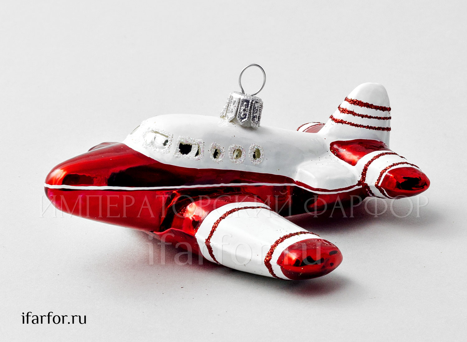 Елочная игрушка «Самолет красный» Стекло. 115 x 60 мм.