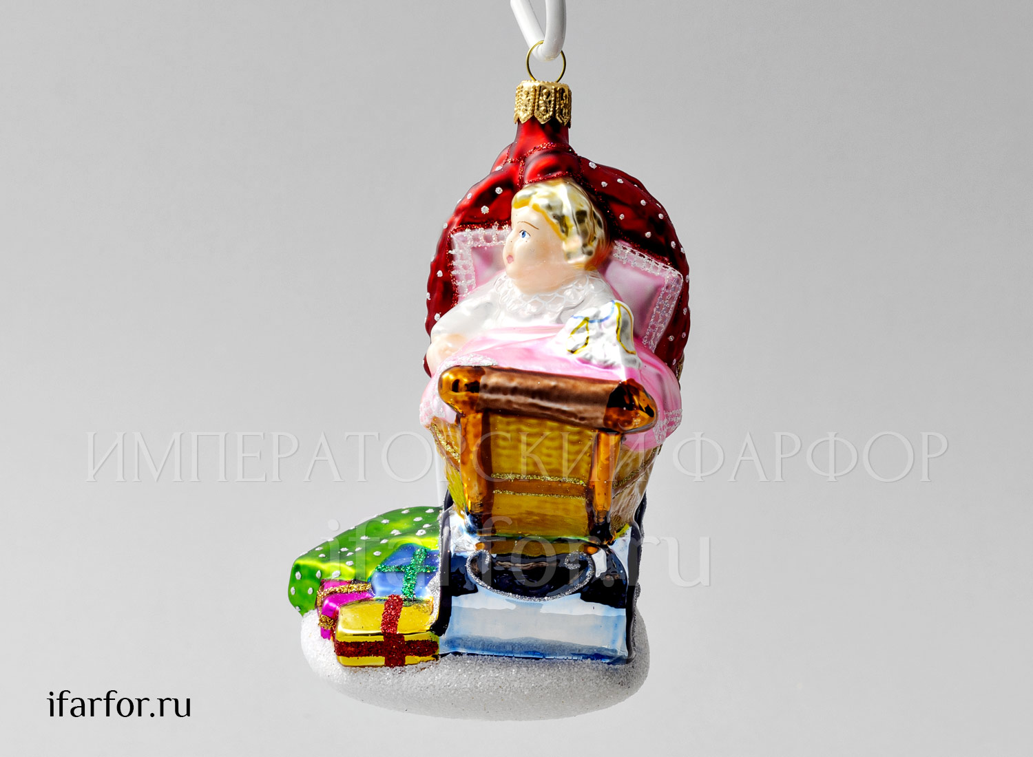 Елочная игрушка «Малышка в коляске» Стекло. 130 мм.