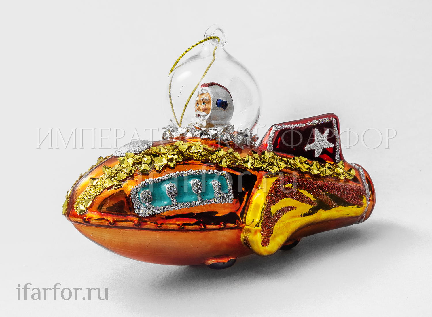 Елочная игрушка «Дед Мороз на ракете» Стекло, пластик. 125 мм.