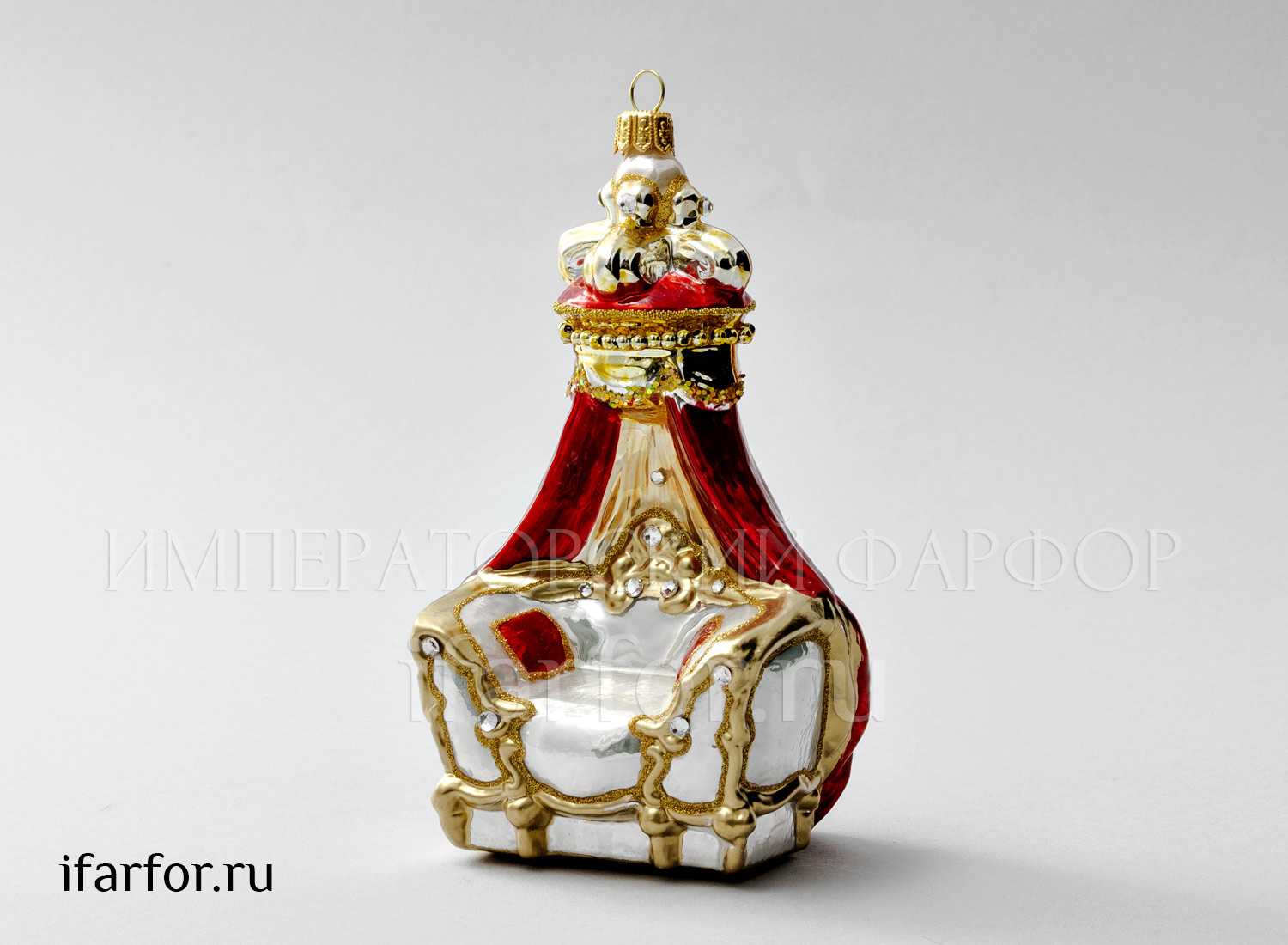 Елочная игрушка в подарочной коробке «Трон с балдахином» Стекло. 85 x 155 мм.