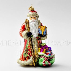 Елочная игрушка в подарочной коробке Дед Мороз с мешком подарков 115 x 180 мм.