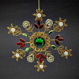 Елочная игрушка Ювелирная снежинка с зеленым камнем 150 x 150 мм.