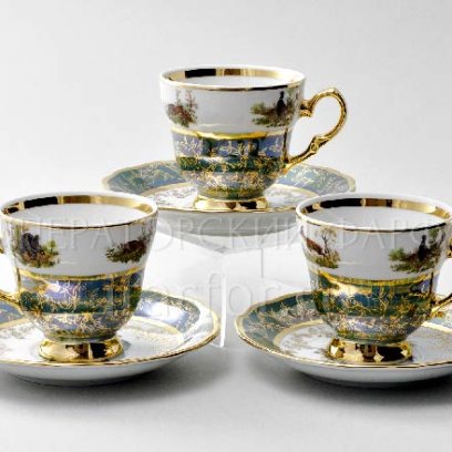 Набор чашек с блюдцами кофейный «Охота Зеленая» 6/12 Форма: STERNE PORCELAN. Фарфор. 140 мл.