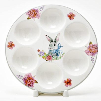Поднос для яиц Кролик с синим бантом Круглый лоток на 6 яиц