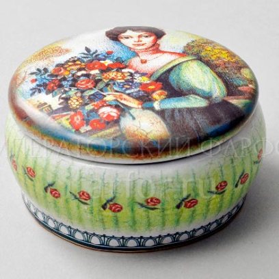 Шкатулка Девушка с букетом Круглая