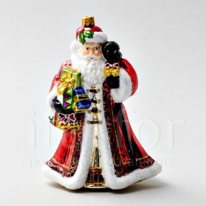 Елочная игрушка в подарочной коробке «Дед Мороз с барабаном и игрушками» Стекло. 132 x 180 мм.