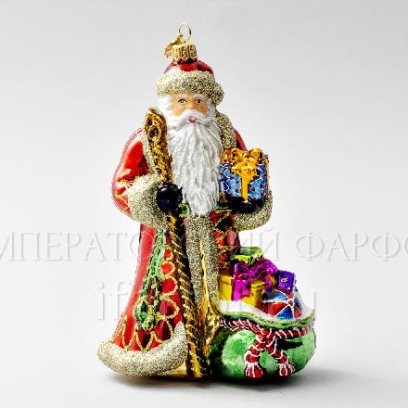 Елочная игрушка в подарочной коробке «Дед Мороз с мешком подарков» Стекло. 115 x 180 мм.