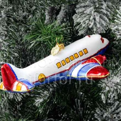 Елочная игрушка «Самолет голубой» Стекло. 133 x 50 мм.