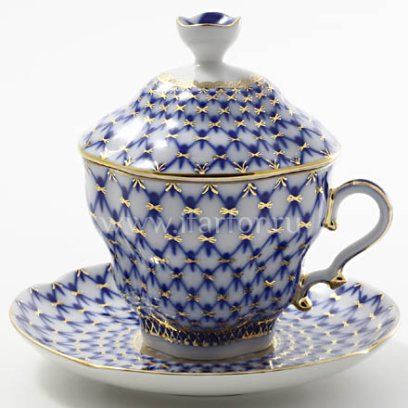 Чашка с блюдцем и крышкой чайный Кобальтовая сетка Подарочная-2