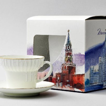 Чашка с блюдцем в подарочной коробке Москва «Золотая лента» 1/2 Форма: Волна. Тонкостенный костяной фарфор. 155 мл.