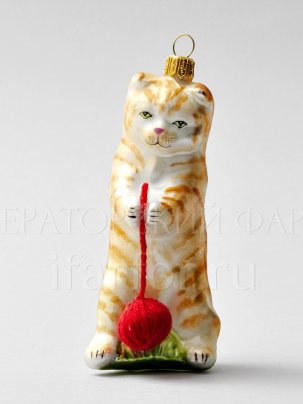 Елочная игрушка Котик рыженький с клубком 120 мм.