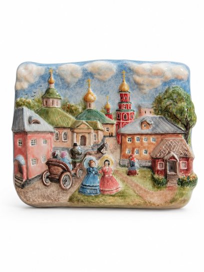 Плакетка настенная «Прогулка» Майолика. 100 x 130 мм.
