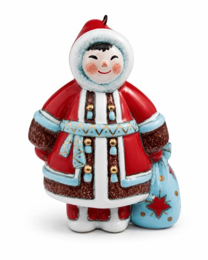 Елочная игрушка «Мальчик с мешком» Майолика. 65 x 83 мм.