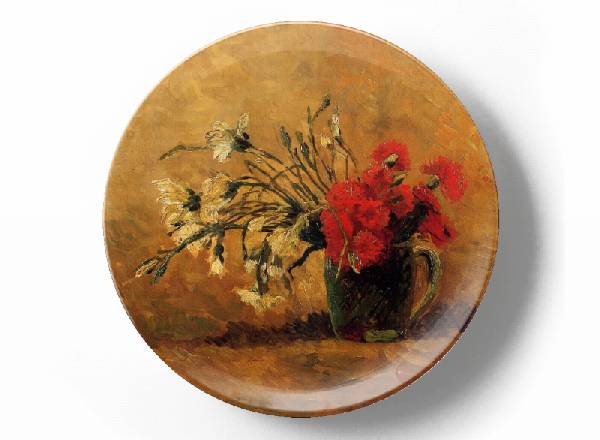 Декоративная тарелка Винсент Ван Гог Ваза с красными и белыми гвоздиками на желтом фоне