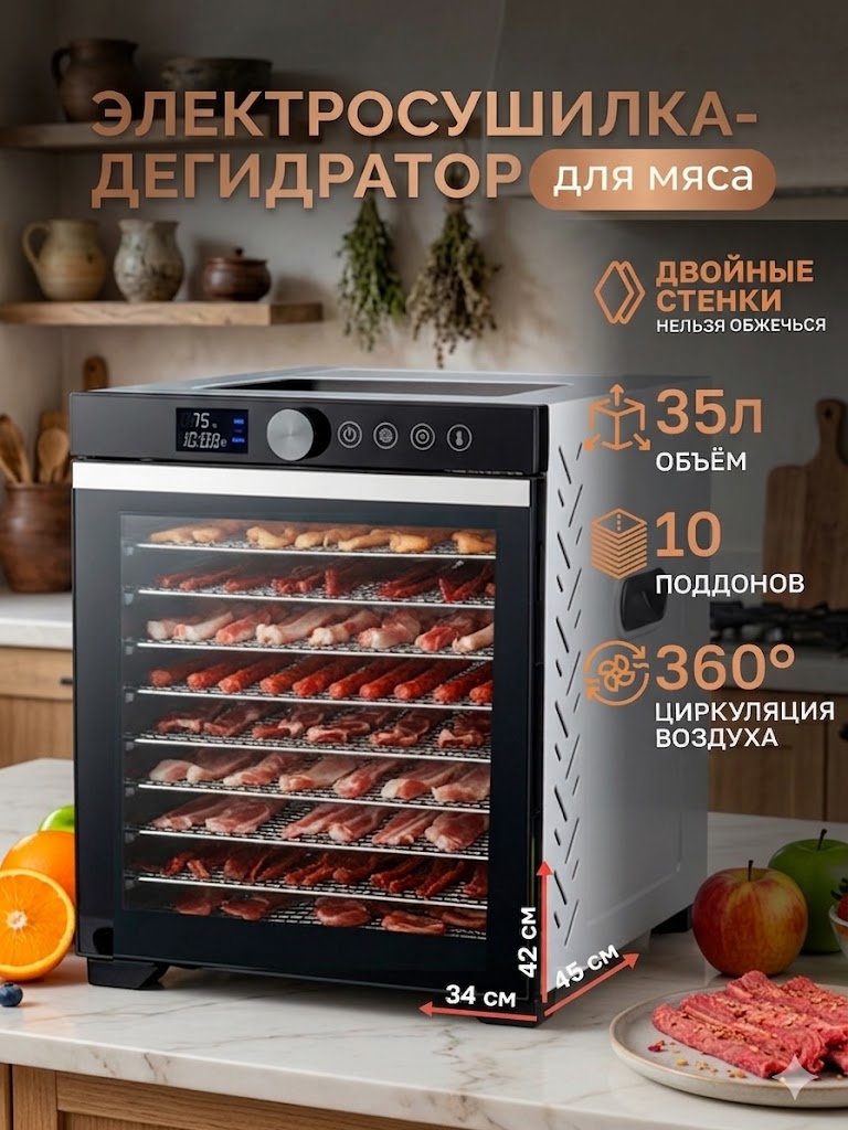Сушилка для овощей и фруктов электрическая TAKARA DF-19 Дегидратор для мяса и рыбы, 10 поддонов, 35 л