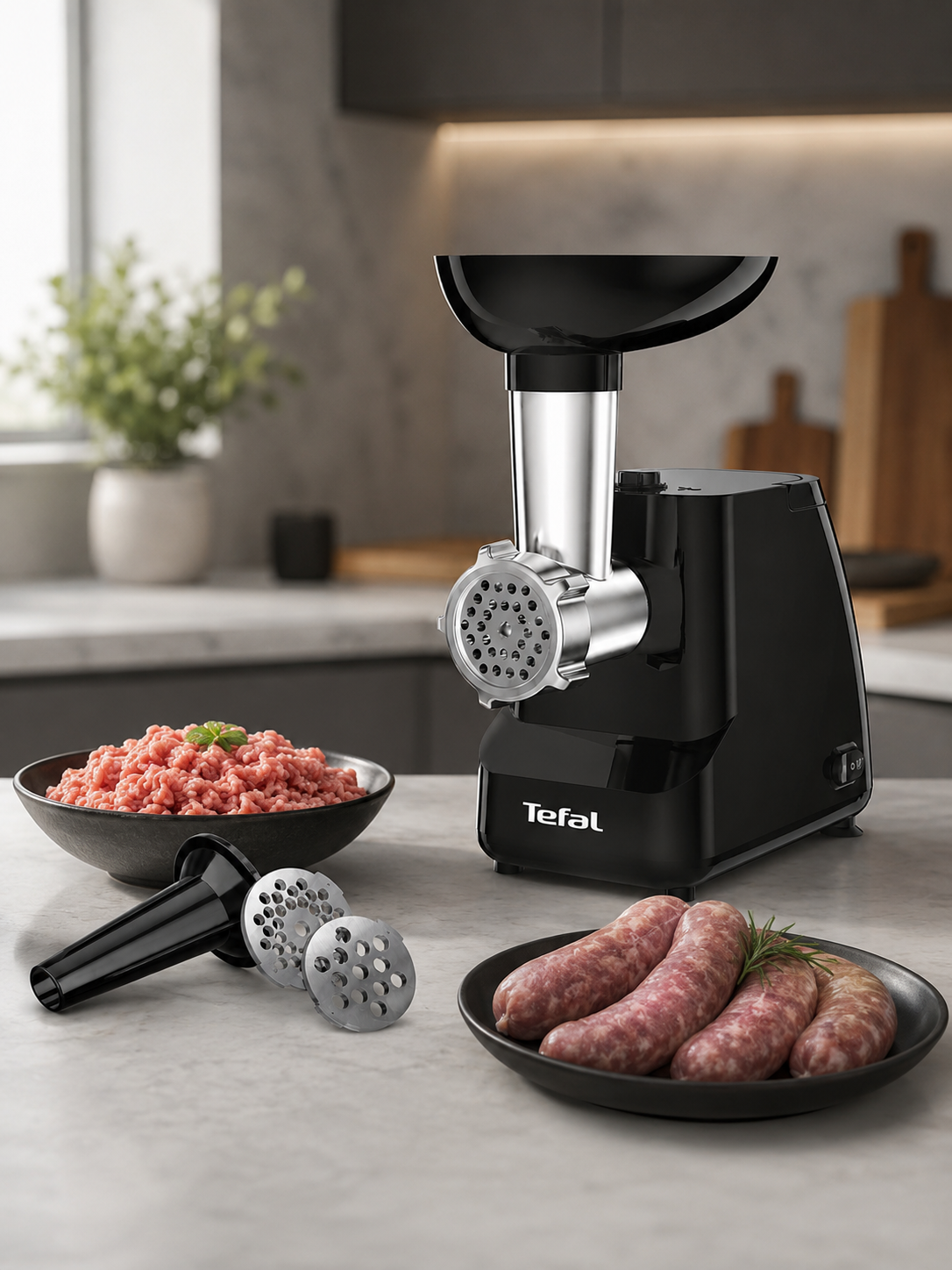 Мясорубка электрическая Tefal HV1 NE111832, 1400 Вт С реверсом, насадкой для колбасок и 2 решетками.